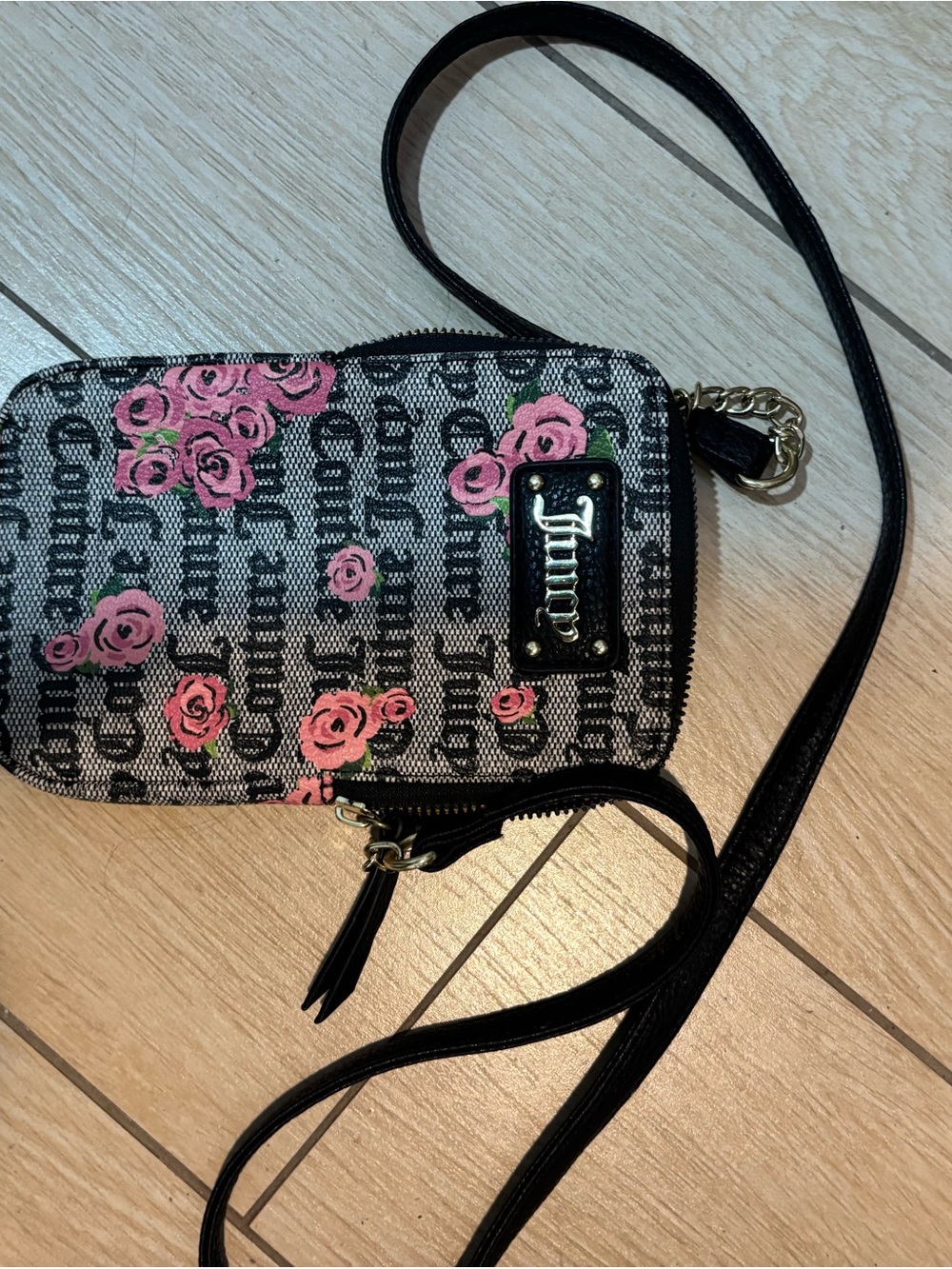 Juicy Couture Black Crossbody with Pink Rose Print